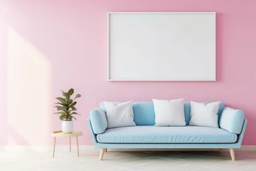Fotobehang Frames mock up on color wall hanging above cozy home sofa. Modern living room comfortable stylish trendy couch posters decor background. Empty blank pictures canvas interior design decoration mockup . © Synthetica