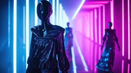 Futuristic fashion and style trends background, Glossy mannequins adorned in futuristic fashion within a neon-lit corridor, perfect for a fashion exhibition or as a display in high-end retail environm