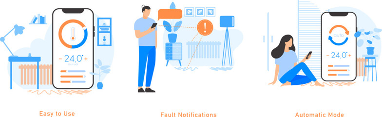 Onboarding slides for the home heating system application. The topic of controlling underfloor heating and radiators in an apartment. Easy control, notification system and automatic mode.