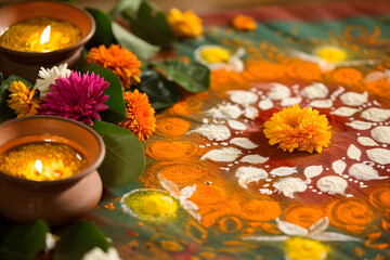 Close up rangoli alpana . Top view. Ugadi festival in India. Marathi ne w year concept. - obrazy, fototapety, plakaty