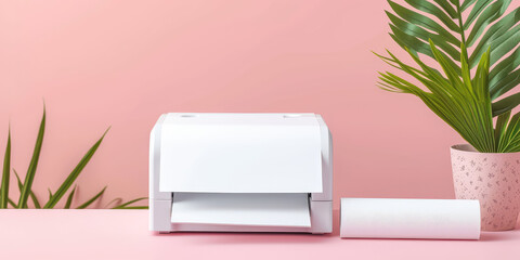 Mini Printer with Paper Roll. A sleek, compact printer with a fresh roll of paper, against a clean flat simple pink background with copy space.