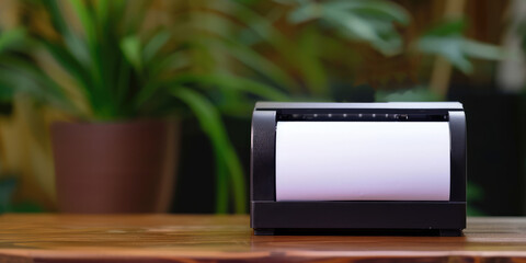 Mini Printer with Paper Roll. A sleek, compact printer with a fresh roll of paper, against a clean flat simple background with copy space.