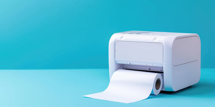 Mini Printer with Paper Roll. A sleek, compact printer with a fresh roll of paper, against a clean flat simple blue background with copy space.