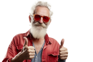 Portrait of happy elderly person showing thumbs up gesture isolated on transparent background, Expressing positivity and approval gesture