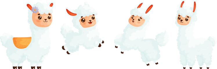 Kawaii Isolated Llama. White Wooly Llama or Alpaca as Domesticated South American Camelid Vector Set