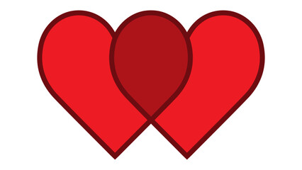 Two red hearts are intertwined on a white background