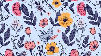 Flower doodle, seamless pattern, on blue pastel background. Generative Ai