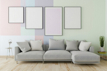Frames mock up on color wall hanging above cozy home sofa. Modern living room comfortable stylish trendy couch posters decor background. Empty blank pictures canvas interior design decoration mockup .