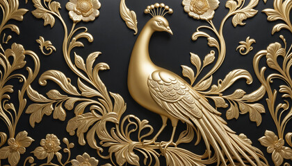 Opulent Peacock and Floral Leather Wallpaper