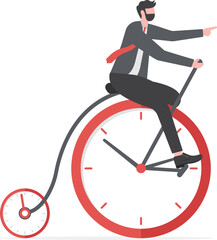 Productivity or efficiency spending time to finish work, time management or work life balance concept, businessman riding vintage bicycle with front wheel as clock and small wheel as stopwatch timer.

