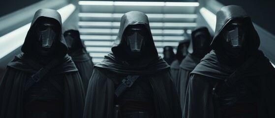 A group of people in dark masks or military intergalactic guards or soldiers