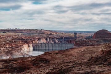 Panorama of Glen Canyon Dam and Glen Canyon Dam Bridge at Colorado river in a sunny day, Arizona, USA