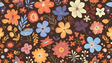 flower, doodle, seamless pattern, on brown background. Generative Ai
