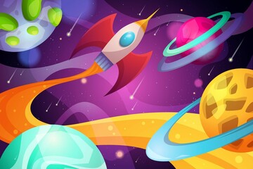 Galaxy Background With Colorful Planets Rocket Template 2