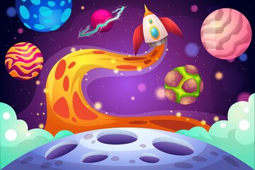 Galaxy Background With Colorful Planets Rocket Template 4
