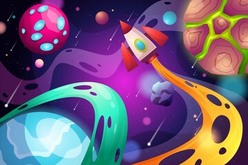 Galaxy Background With Colorful Planets Rocket Template