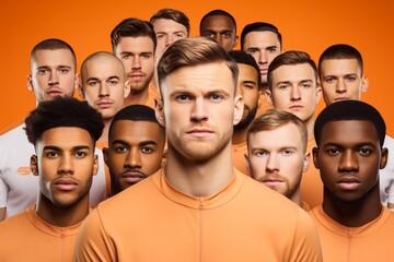 composite portrait of mug shots of a variety of serious young and old men, including all ethnic, racial and geographic Men on Peach Fuzz Background - obrazy, fototapety, plakaty