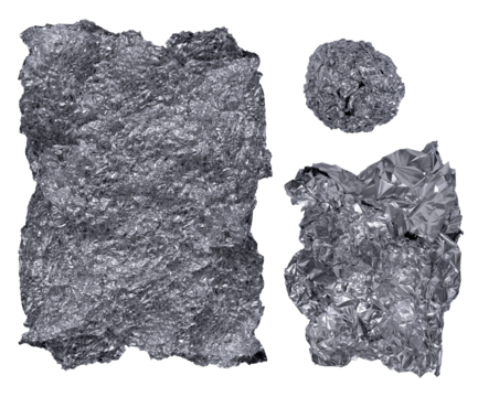 Pieces of Silver Tinfoil. Texture of Crumpled Silver Foil. Silver Food Foil With Numerous Folds and Creases, With Strong Contrasting Light. Abstract Aluminium Background. Shiny Silver Metallic Layout.