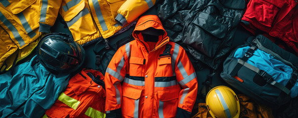 high-visibility emergency vests and helmets laid out for a rescue operation, safety and identification - obrazy, fototapety, plakaty