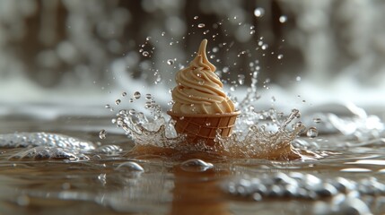 an ice cream cone in the middle of a body of water with drops of water around it and trees in the background.