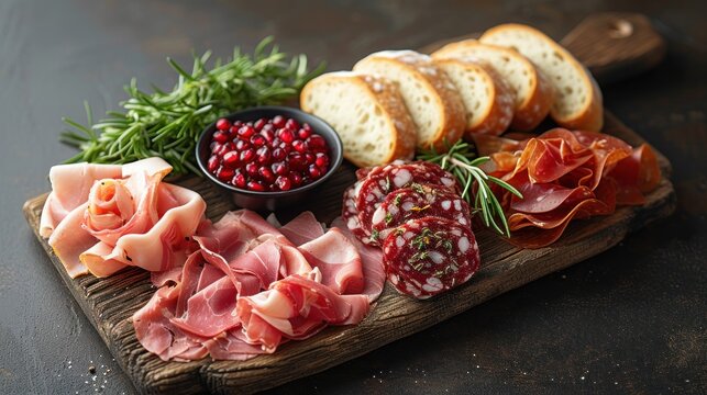 a platter of meats, breads, and cranberries on a cutting board with a knife.