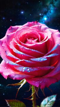 A digitally enhanced image depicts a luminous pink rose contrasted against a starry, nebula-like blue and purple cosmic backdrop.