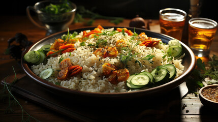 Healthy eating. Nutritious meal with wholegrain rice, perfect for health-conscious designs. Vibrant, fresh, and inviting.