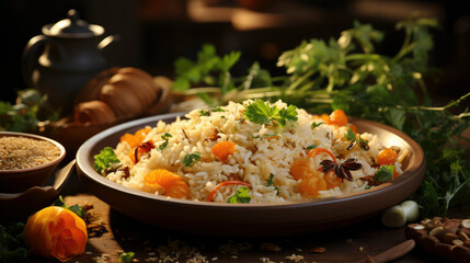 Healthy eating. Nutritious meal with wholegrain rice, perfect for health-conscious designs. Vibrant, fresh, and inviting.