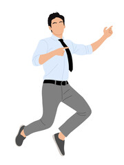 Fototapeta na wymiar Business man character jumping, pointing to the side. Excited Handsome man wearing shirt, tie showing direction with his arms. Vector realistic illustration isolated on white background.