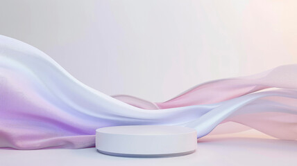 Podium platform for advertising a cosmetic product on a white background. with holographic floating fabric mockup - obrazy, fototapety, plakaty