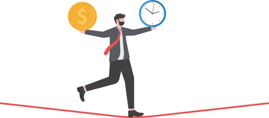 Time and money balance, weight between work and life, long term investment or savings, control or make decision concept, cheerful business woman balance between time clock and dollar money