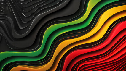 Black History Month backdrop. Contemporary and artistic undulating lines in red, yellow, and green hues on a black background