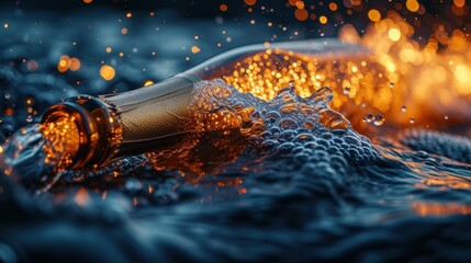 a bottle of wine sitting on top of a wave of water with a lot of bubbles on top of it. - obrazy, fototapety, plakaty