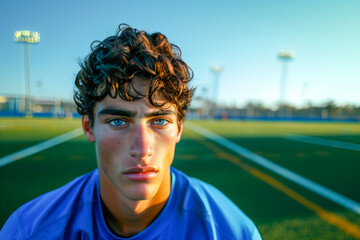Portrait of amateur high school American football player with blurred American football field
