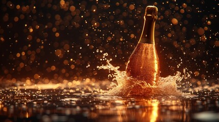 a close up of a bottle of wine in a body of water with a lot of water droplets around it. - obrazy, fototapety, plakaty