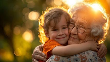 Fototapeta na wymiar Intergenerational joy in a tender moment. Grandparent and grandchild share a warm embrace, portraying the beauty of unconditional love, family, and togetherness.