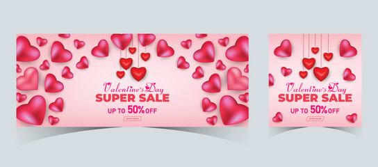 Set Of Valentine's Day Super Sale web banner or Post with hearts background. Discount Promotion, and shopping template. Happy Valentine's Day Concept with Big Sale Header Hanging Hearts Template