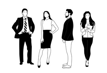 Business team members standing. Set of different men and women characters in formal office outfit. Vector simple outline stylized drawings for graphic, web design Isolated on white background.