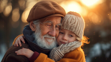 Fototapeta premium Intergenerational joy in a tender moment. Grandparent and grandchild share a warm embrace, portraying the beauty of unconditional love, family, and togetherness.