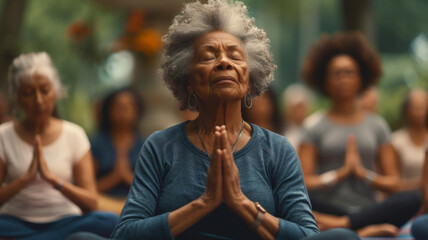 Elderly Yoga Class "Capture the serenity of an elderly yoga class, emphasising gentle movements and communal support--ideal for projects promoting holistic well-being in elder care 