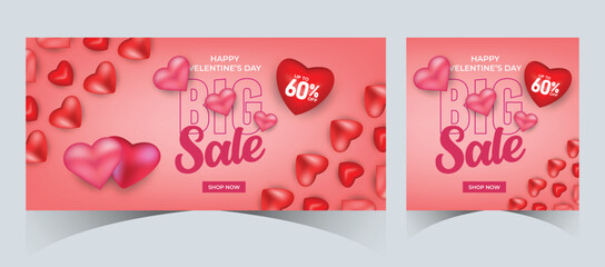 Set Of Valentine's Day Super Sale web banner or Post with hearts background. Discount Promotion, and shopping template. Happy Valentine's Day Concept with Big Sale Header Hanging Hearts Template