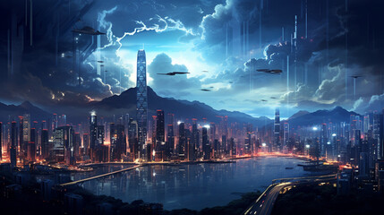Urban skyline of busy city in the future. City dwellers are busy with daily affairs.