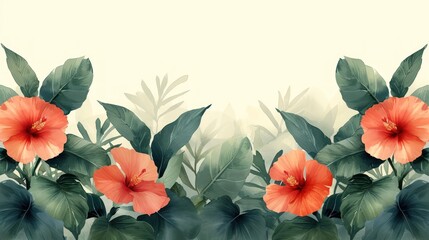 a painting of red flowers and green leaves on a white background with a place for a text on the left side of the image.