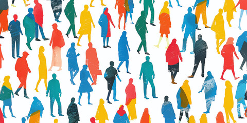 colorful silhouettes of people standing in a pattern on a bright white background
