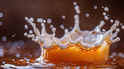 a close up of a liquid splashing on top of a brown and white surface with drops of water around it.