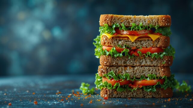 a stack of three sandwiches with lettuce, tomato, and mayonnaise on top of each other.
