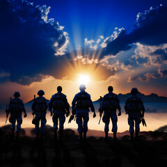 Fototapeta na wymiar The soldiers on sunset