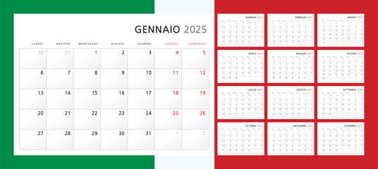 Calendar 2025 in Italian. Wall quarterly calendar for 2024 in a classic minimalist style. Week starts on Monday. Set of 12 months. Corporate Planner Template. A4 format horizontal. Vector graphics