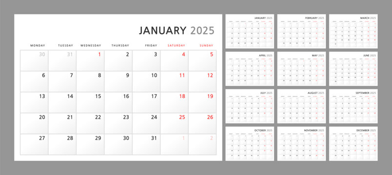 Wall quarterly calendar template for 2025 in a classic minimalist style. Week starts on Monday. Set of 12 months. Corporate Planner Template. A4 format horizontal