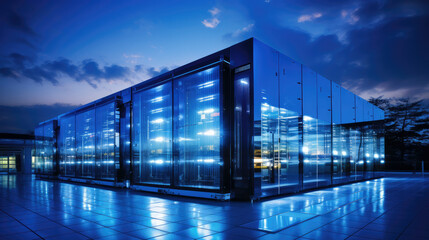 Obraz premium Futuristic data center showcasing high-tech infrastructure and electronic connectivity. Modern server room with cutting-edge technology for digital innovation